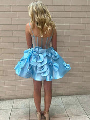 Blue A-Line Spaghetti Straps Short Floral Satin Homecoming Dress