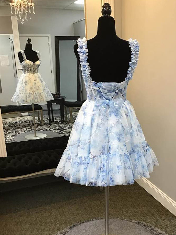 Blue A-Line Straps Floral Print Tulle Homecoming Dress