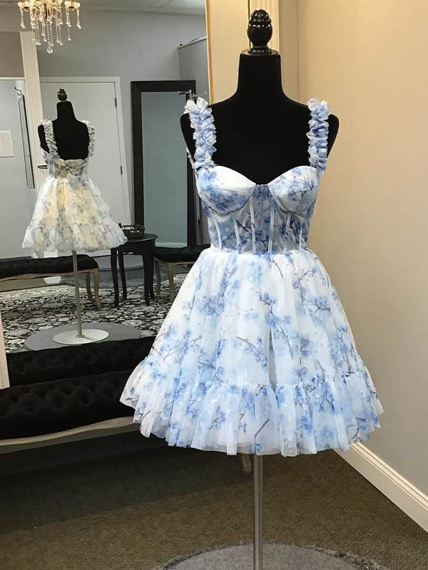Blue A-Line Straps Floral Print Tulle Homecoming Dress