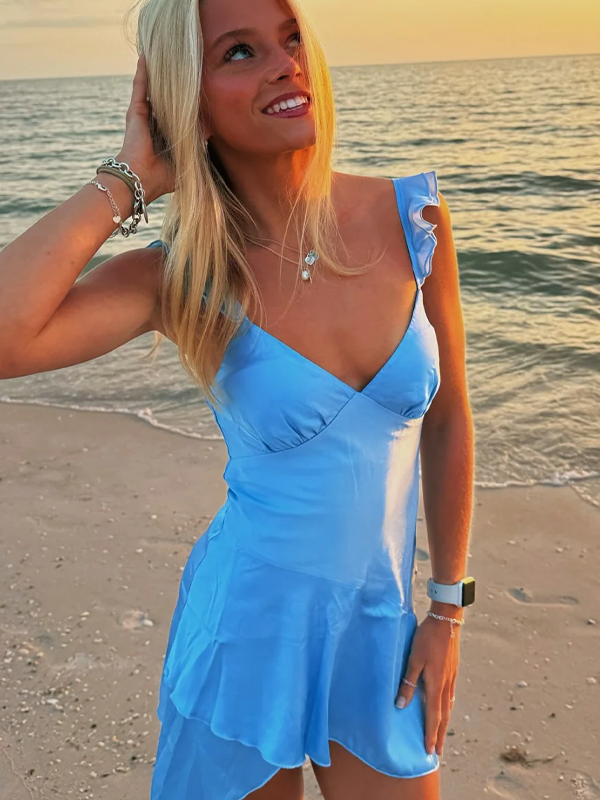 Blue A-Line Straps V-Neck Satin Sleeveless Short Homecoming Dress