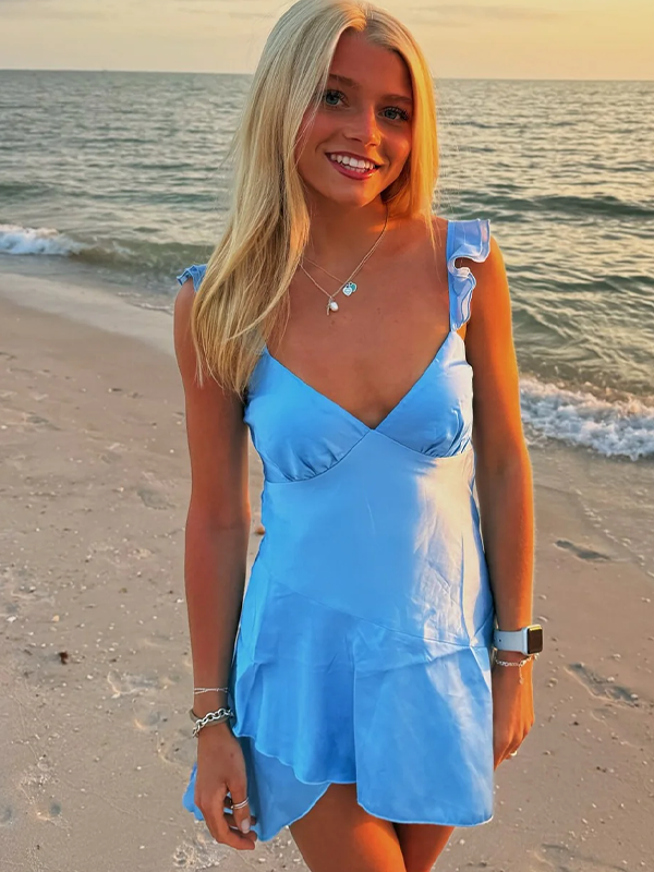 Blue A-Line Straps V-Neck Satin Sleeveless Short Homecoming Dress