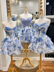 Blue A-Line Sweetheart Strapless Appliquues Tiered Homecoming Dress