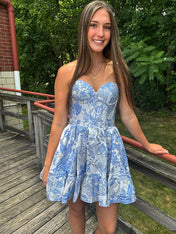 Blue A-line Floral Sweetheart Short Homecoming Dress