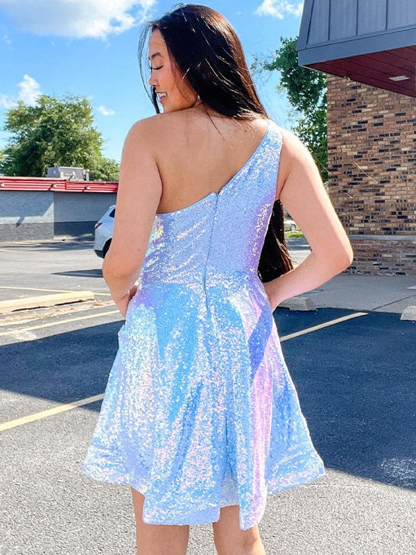 Blue A-line One Shoulder Sequin Short Homecoming Dress