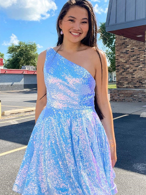 Blue A-line One Shoulder Sequin Short Homecoming Dress