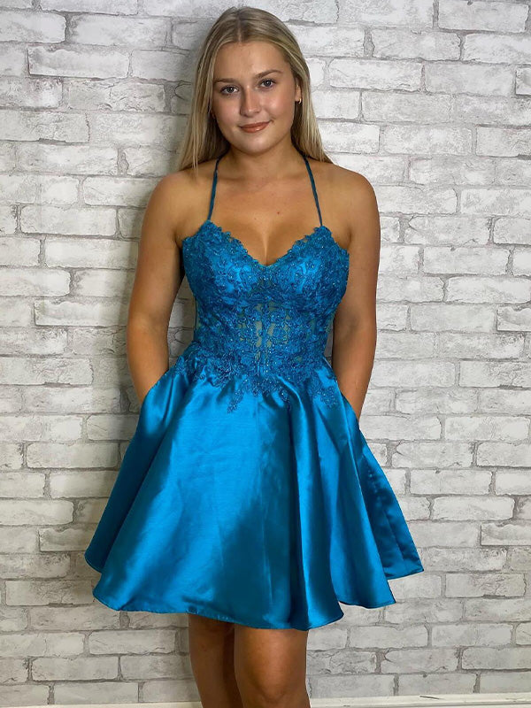 Blue A-line Spaghetti Straps Satin Short Homecoming Dress with Appliques
