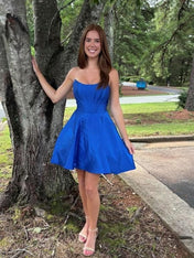 Blue A-line Strapless Satin Short Homecoming Dress