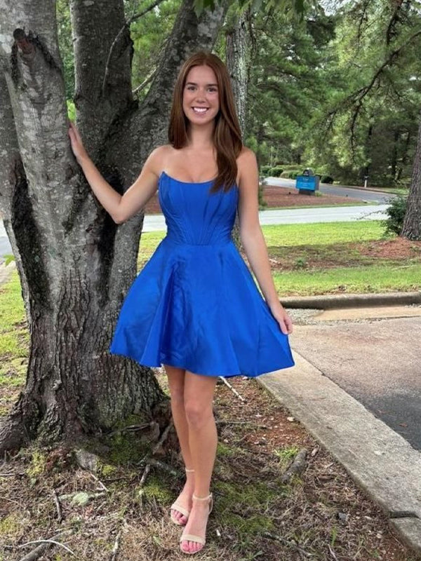 Blue A-line Strapless Satin Short Homecoming Dress