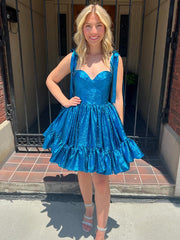 Blue A-line Straps Sweetheart Short Homecoming Dress with Bow