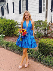 Blue A Line Halter Tiered Ruffle Homecoming Dress with Bow