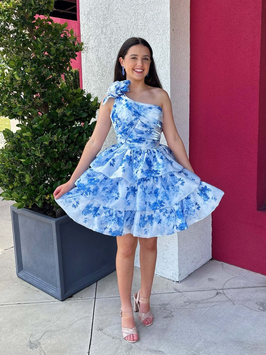 Blue A Line One Shoulder Printed Short Homecoming Dress with 3D Flowers