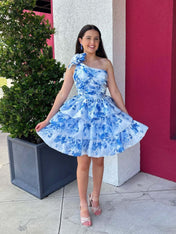 Blue A Line One Shoulder Printed Short Homecoming Dress with 3D Flowers