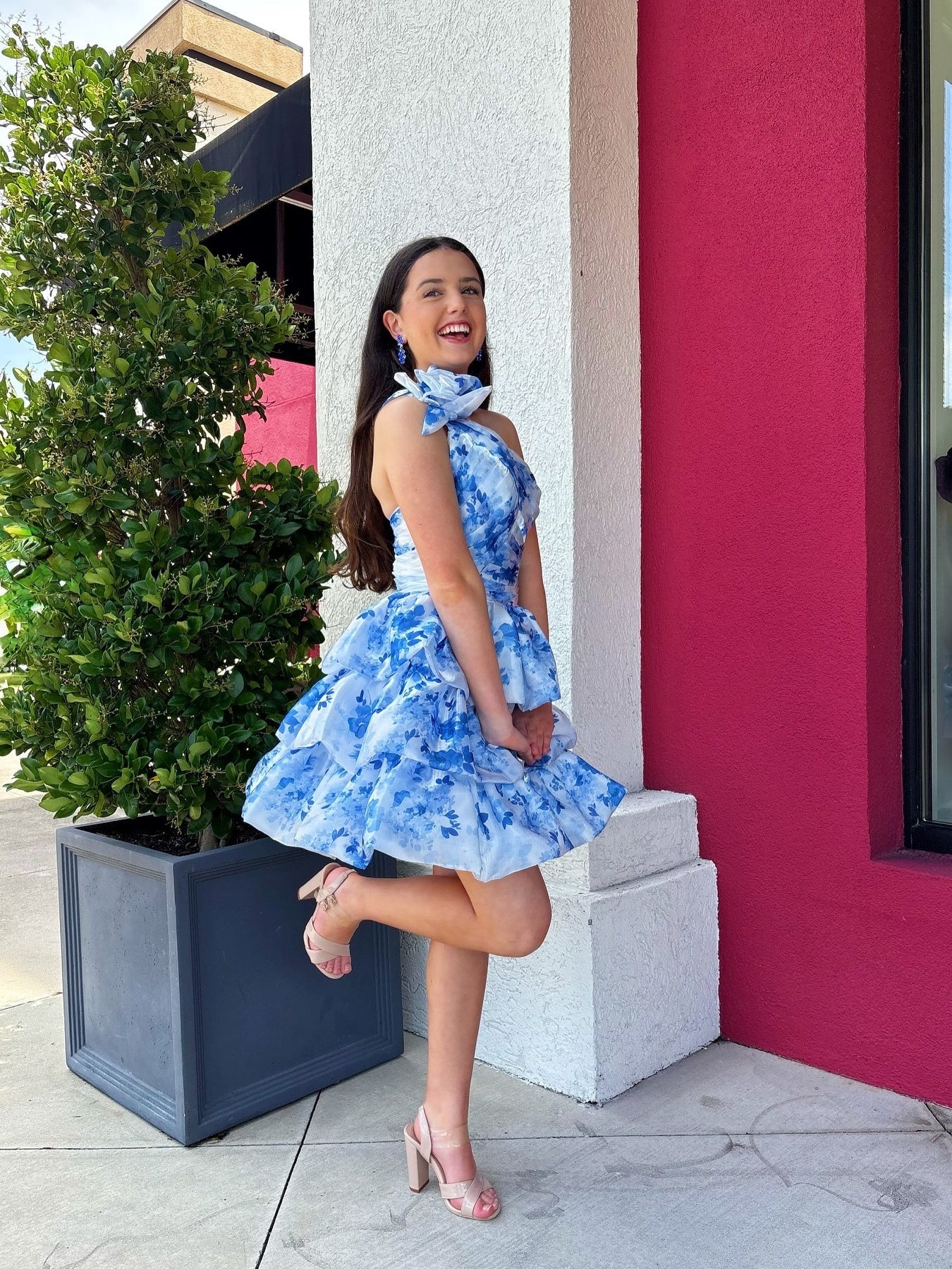Blue A Line One Shoulder Printed Short Homecoming Dress with 3D Flowers