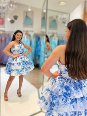 Blue A Line One Shoulder Printed Short Homecoming Dress with 3D Flowers