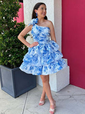 Blue A Line One Shoulder Printed Short Homecoming Dress with 3D Flowers