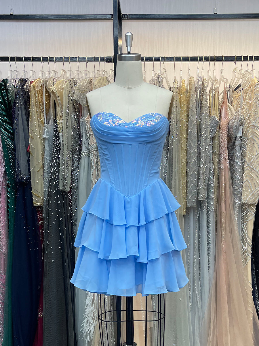 Blue A Line Short Corset Homecoming Dress with Ruffles