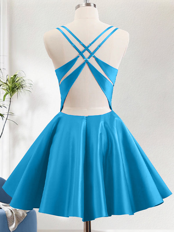 Blue A Line Spaghetti Straps Backless Homecoming Dress