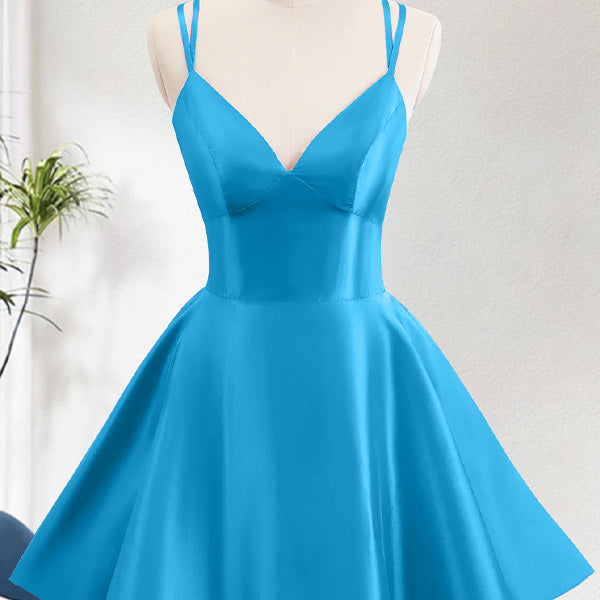 Blue A Line Spaghetti Straps Backless Homecoming Dress