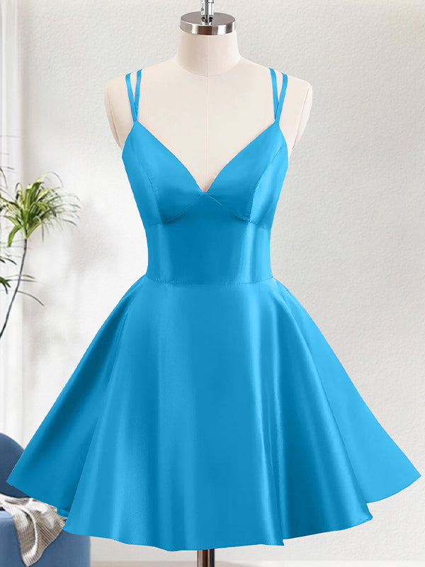 Blue A Line Spaghetti Straps Backless Homecoming Dress