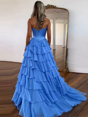 Yellow A Line Strapless Satin Corset Long Prom Dress with Ruffle Skirt