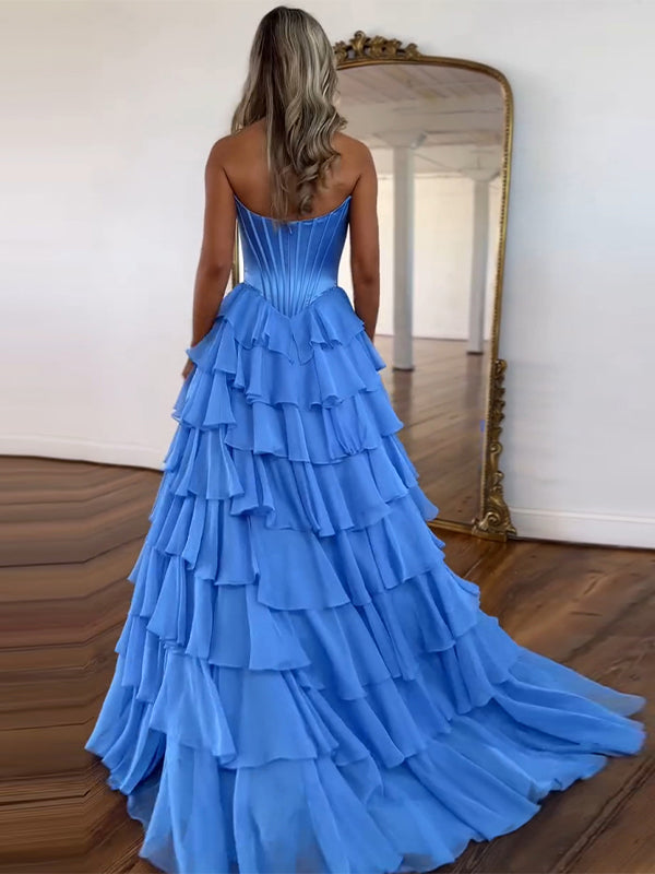 Yellow A Line Strapless Satin Corset Long Prom Dress with Ruffle Skirt