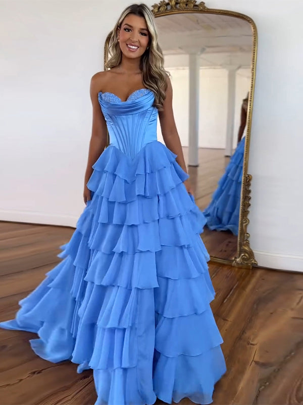 Yellow A Line Strapless Satin Corset Long Prom Dress with Ruffle Skirt