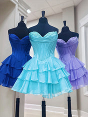 Blue A Line Strapless Short Corset Homecoming Dress with Ruffles