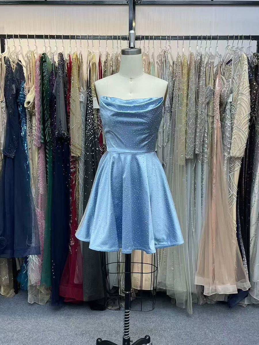 Blue A Line Strapless Short Homecoming Dress
