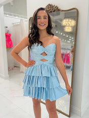 Blue A Line Strapless Sweetheart Satin Homecoming Dress with Keyhole