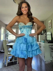 Blue A Line Sweetheart Short Homecoming Dress with Beading
