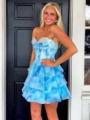 Blue A Line Sweetheart Tiered Short Homecoming Dress with Beading