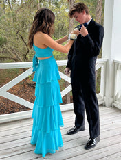Blue A Line V-Neck Tiered Long Prom Dress with Cut-out