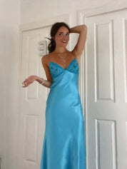 Blue A Line V-neck Beaded Back Tie Long Prom Dress