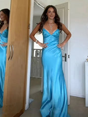Blue A Line V-neck Beaded Back Tie Long Prom Dress
