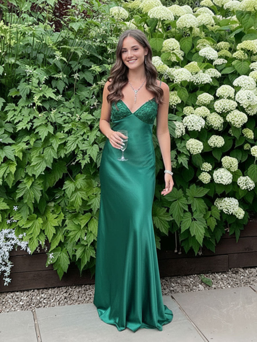 Blue A Line V-neck Beaded Back Tie Long Prom Dress