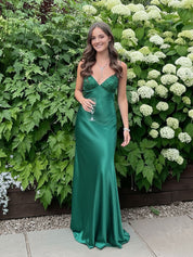Blue A Line V-neck Beaded Back Tie Long Prom Dress