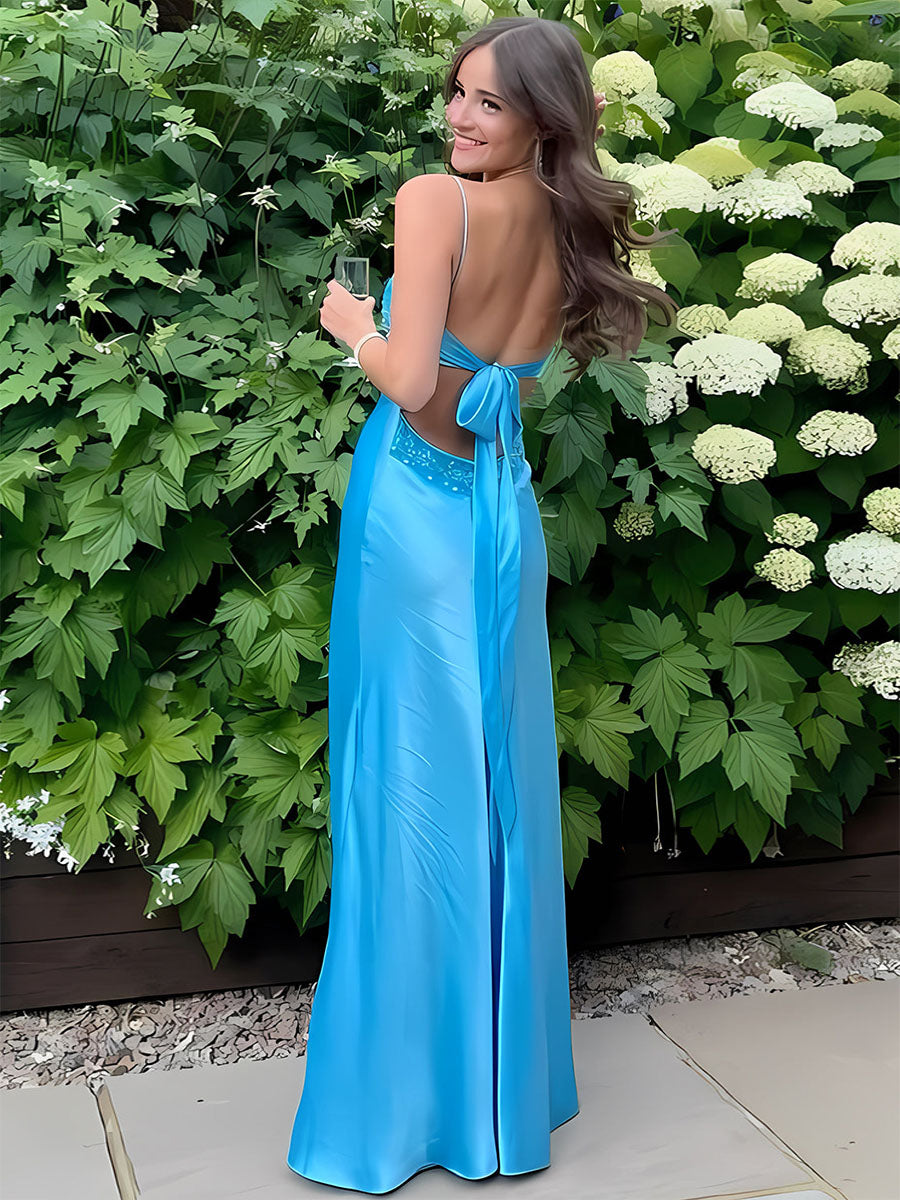 Dreamylily Women Blue A Line V-neck Beaded Back Tie Long Prom Dress