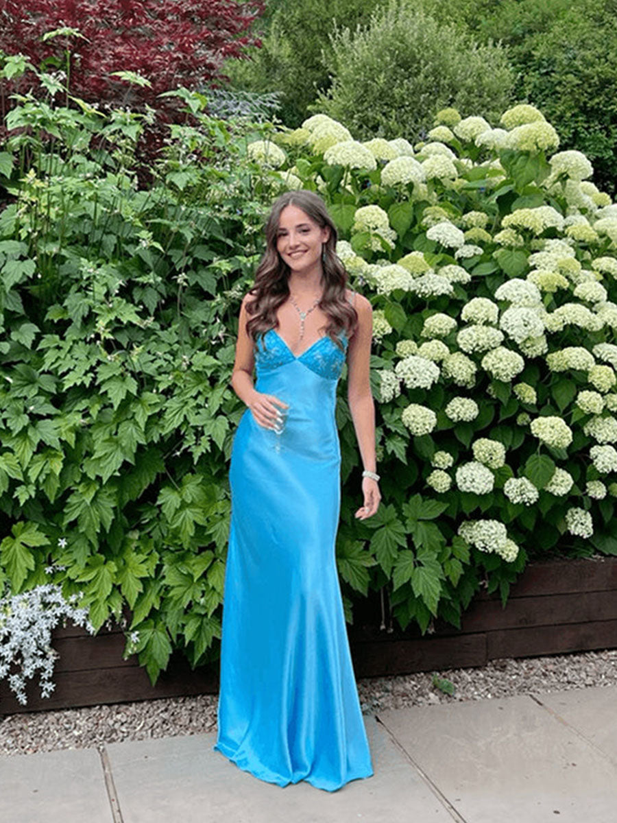 Dreamylily Women Blue A Line V-neck Beaded Back Tie Long Prom Dress Dreamylily Women Blue A Line V-neck Beaded Back Tie Long Prom Dress