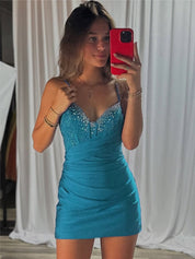 Blue Beaded V Neck Corset Bodice Homecoming Dress