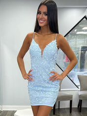 Blue Bodycon Keyhole Back Homecoming Dress With Appliques