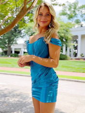 Blue Bodycon Off The Shoulder Satin Homecoming Dress With Pleating