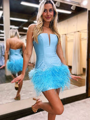 Blue Bodycon Strapless Short Homecoming Dress With Feather