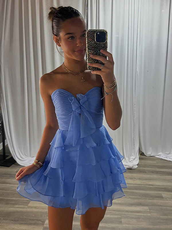 Blue Chiffon A Line Tiered Short Homecoming Dress with Ruffles