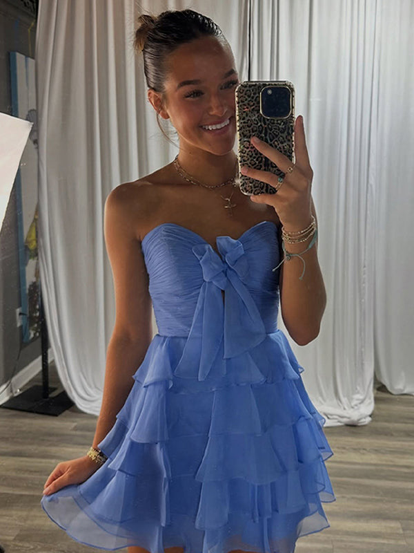 Blue Chiffon A Line Tiered Short Homecoming Dress with Ruffles
