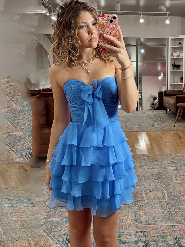 Blue Chiffon A Line Tiered Short Homecoming Dress with Ruffles