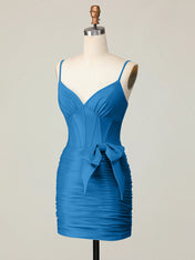 Blue Corset Ruched Tight Short Homecoming Dress with Bow