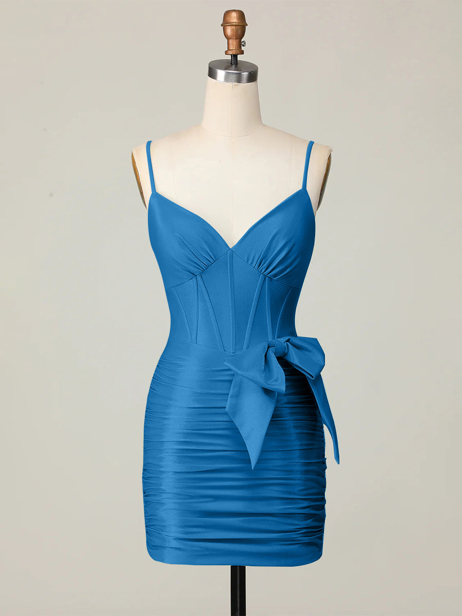 Blue Corset Ruched Tight Short Homecoming Dress with Bow