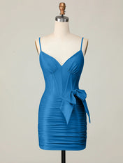 Blue Corset Ruched Tight Short Homecoming Dress with Bow