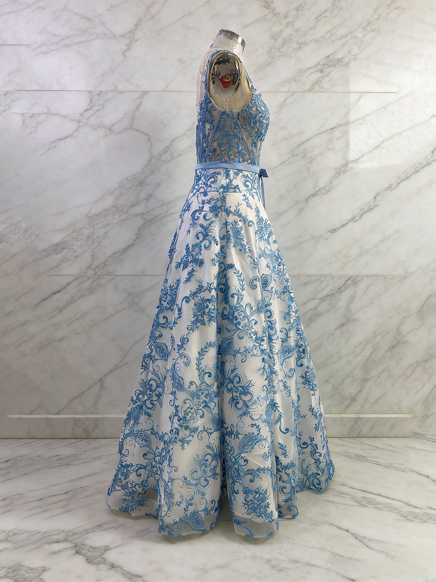 Blue Floral Baroque Lace A Line Long Corset Prom Dress