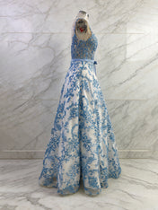 Blue Floral Baroque Lace A Line Long Corset Prom Dress